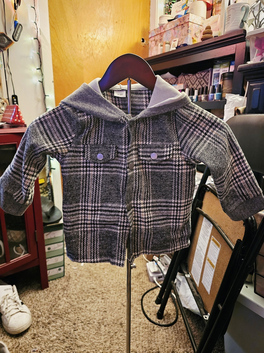Kids Plaid Hooded Blazer Jacket - Gray/Black
